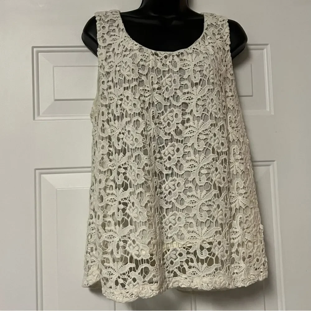 Lucky Brand Ivory Lace Eyelet Overlay Sleeveless Tank Top Fairy Tunic Shell M